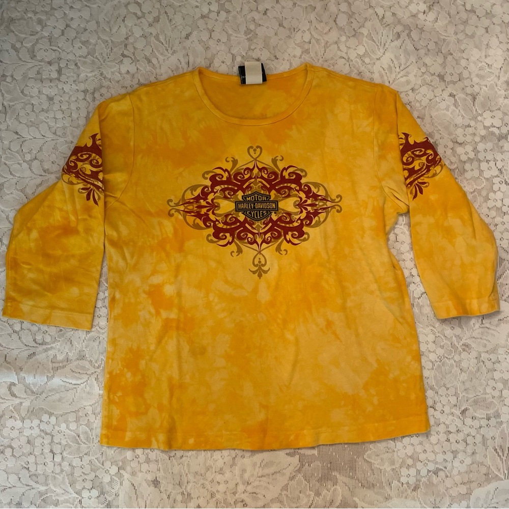 Vintage Harley Davidson 3/4 length sleeve yellow tie dye shirt
